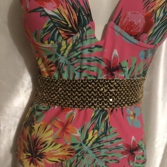 Shein Pink Tropical Stitch Pushup One Piece Swimsuit Bikini L - Picture 9 of 11